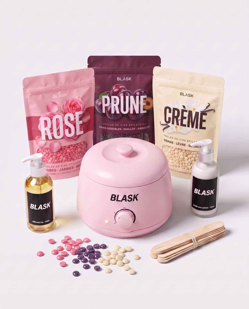 Kit Blask : chauffe-cire et perles Rose, Prune, Crème