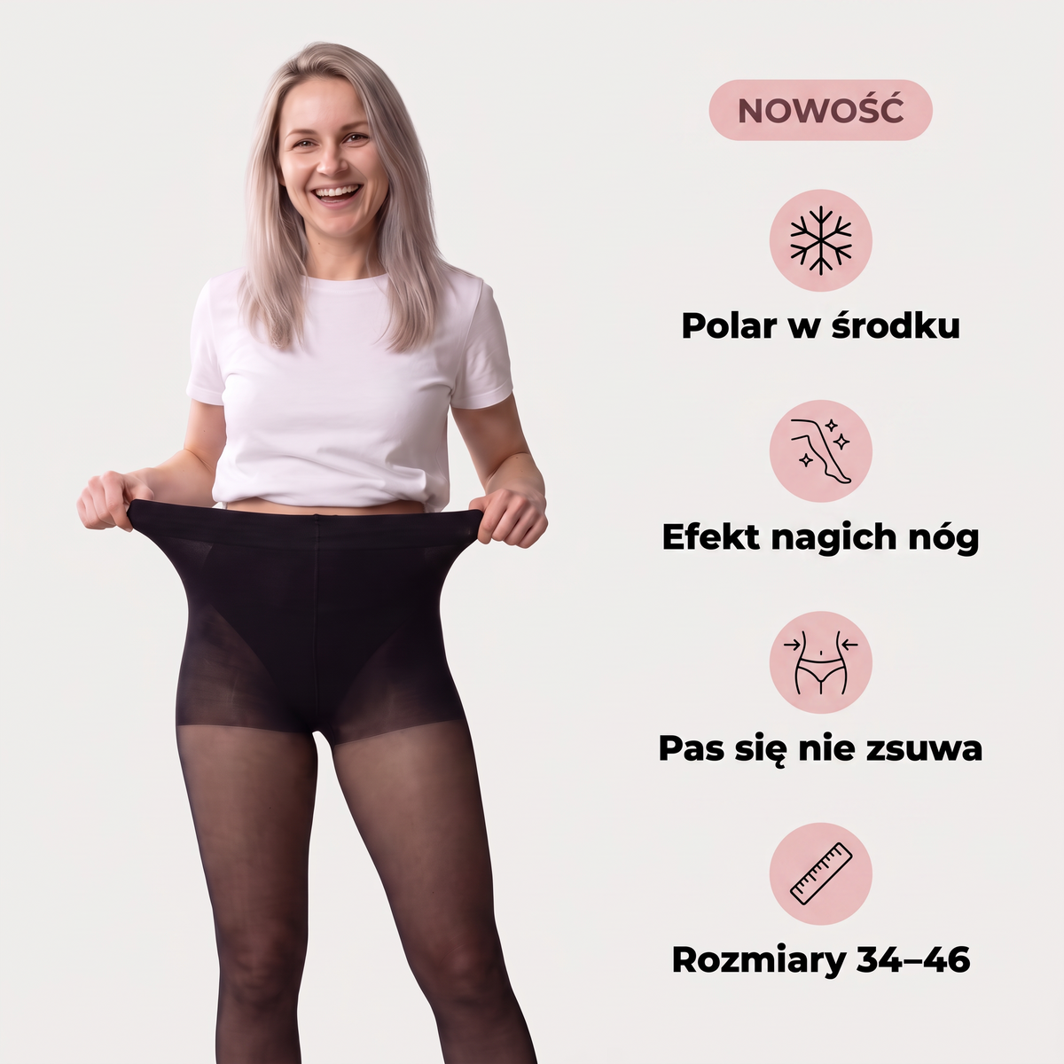 Rajstopy z polarem Blask — polar w środku, efekt nagich nóg, pas się nie zsuwa, rozmiary 34–46